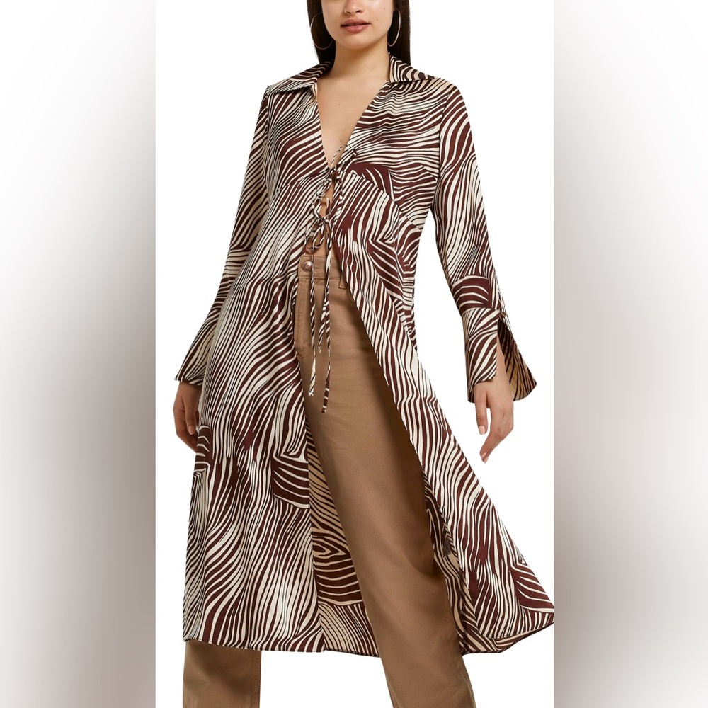 NWT River Island Longline Tie Front Satin Blouse, Size US 6